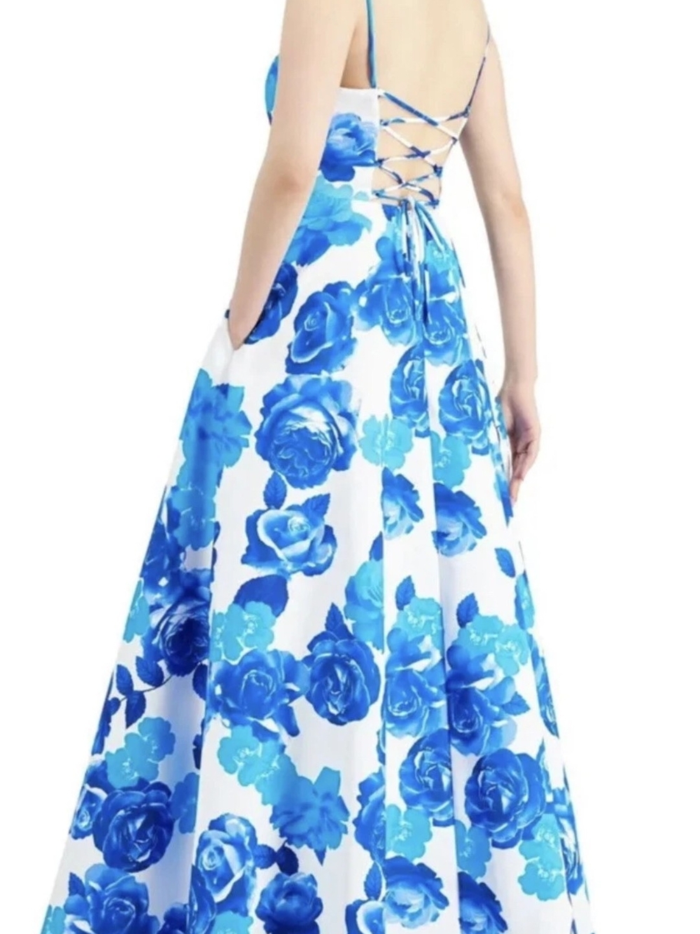 glam Blue & White Floral Lace-Up Back A-Line Maxi Dress